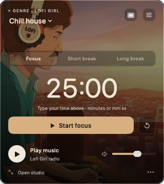 Lofitime’s compact menu-bar player with a 25-minute focus timer and the YouTube livestream behind it.